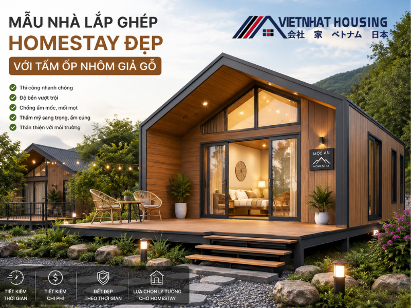 Mẫu nhà lắp ghép homestay đẹp với tâm ốp nhôm giả gỗ