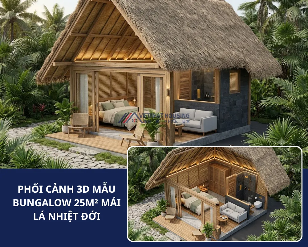 MẪU NHÀ BUNGALOW 25M² MÁI LÁ NHIỆT ĐỚI