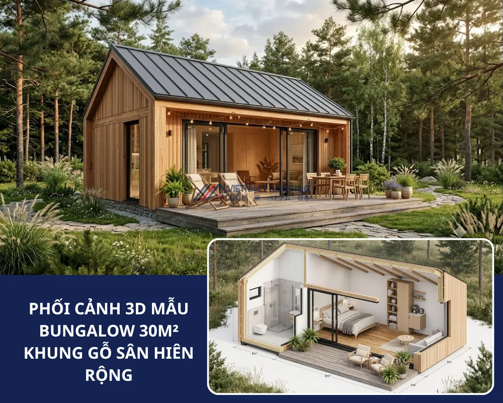 MẪU NHÀ BUNGALOW 30M² KHUNG GỖ SÂN HIÊN RỘNG