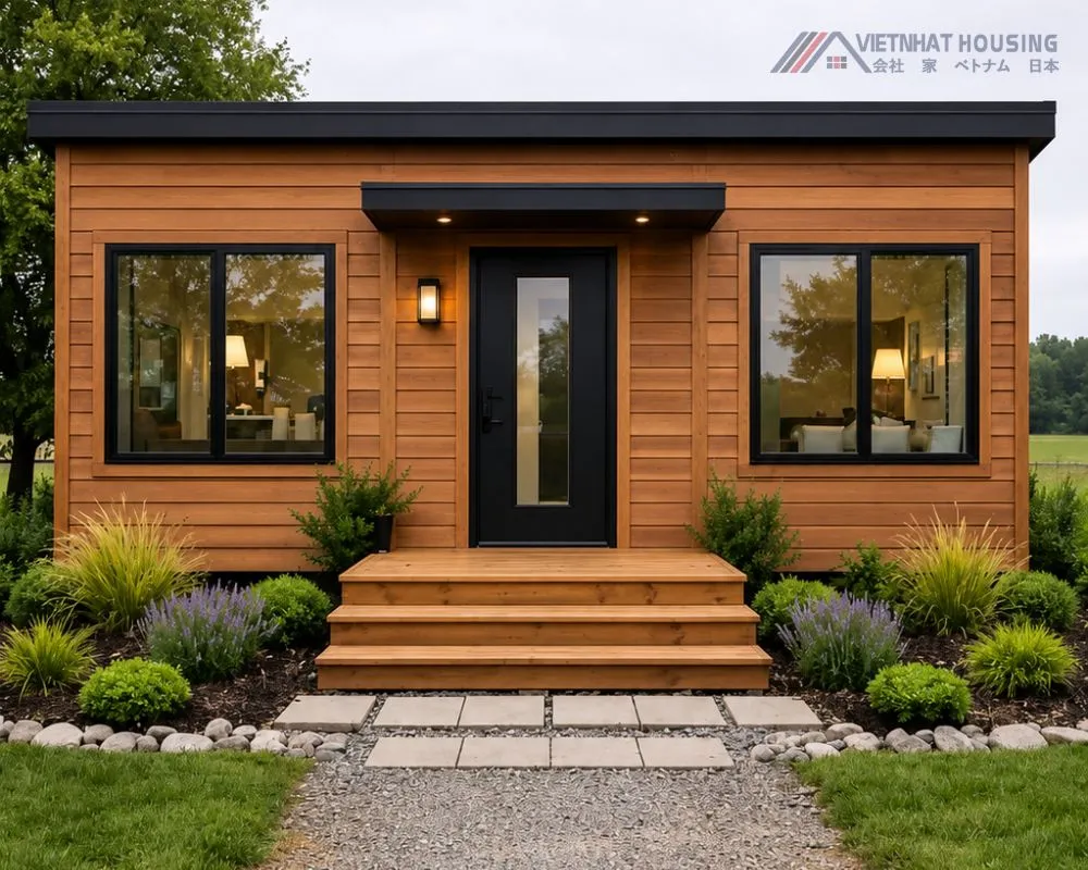 MẪU NHÀ CONTAINER 1 TẦNG ỐP GỖ CAO CẤP