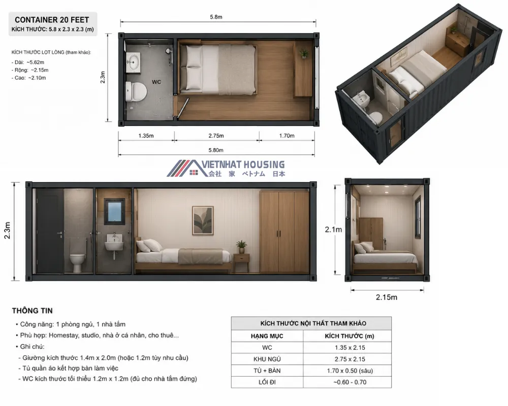 MẪU NHÀ CONTAINER STUDIO 20 FEET TỐI GIẢN