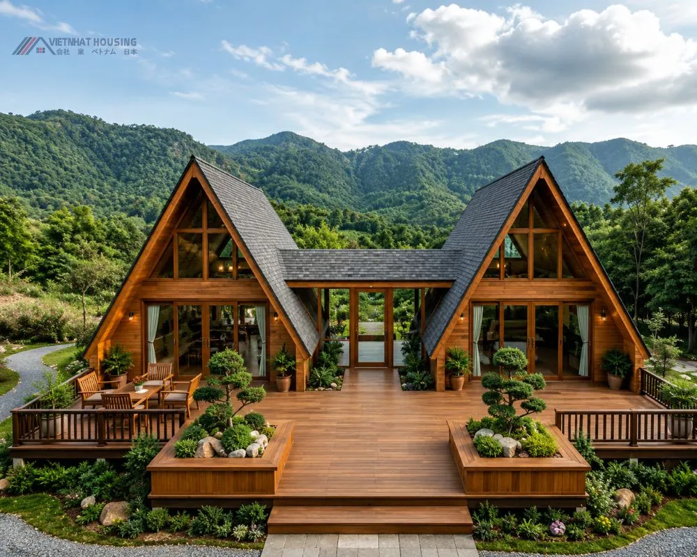 Mẫu Nhà Lắp Ghép Bungalow chữ A Hiện Đại kết hợp Không Gian Xanh