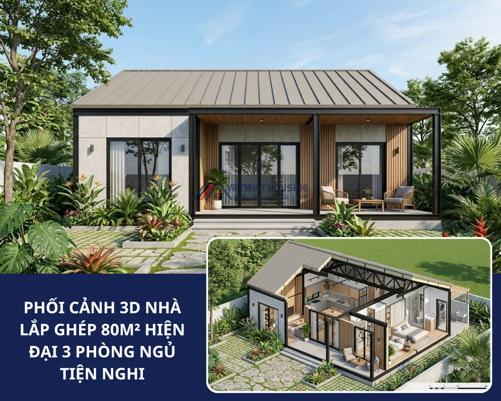 Nhà Lắp Ghép 80m2 Hiện Đại 3 Phòng Ngủ Tiện Nghi