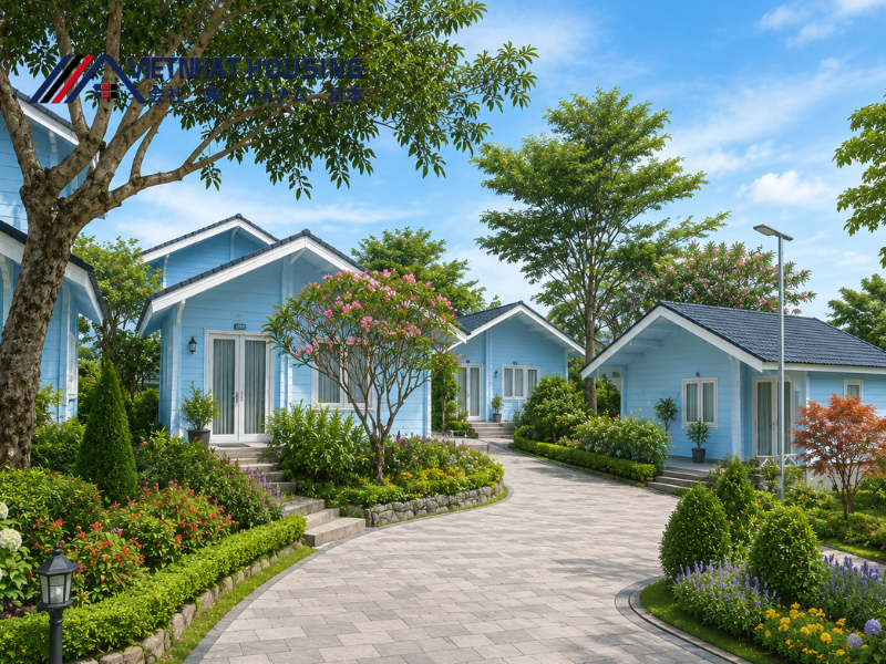 Thiết kế nhà lắp ghép làm homestay nghỉ dưỡng với gam màu xanh pastel hiện đại