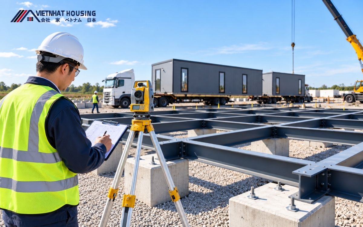 Thi công nhà lắp ghép với nền móng khung thép và bê tông chắc chắn