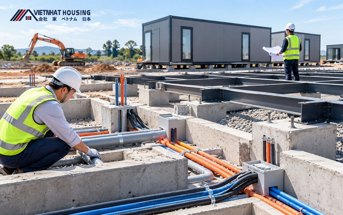 Thi công nhà lắp ghép trên nền móng khung thép và bê tông